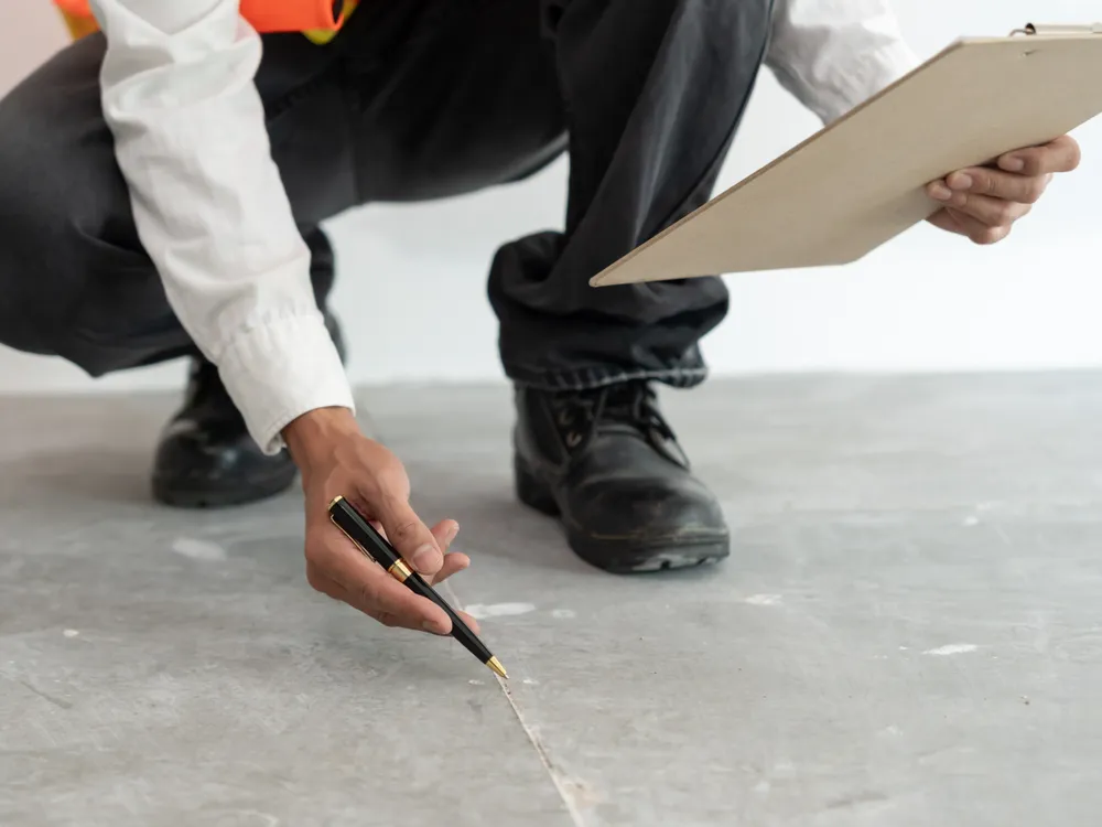 Technician marking a leak location along a crack in a concrete slab