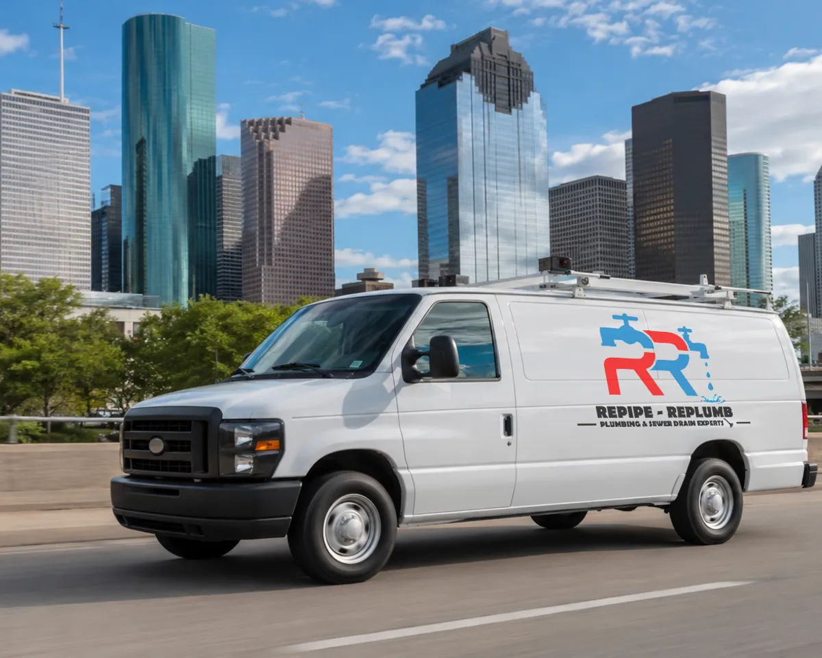 Repipe & Replumb service van on the road with the Houston skyline behind it
