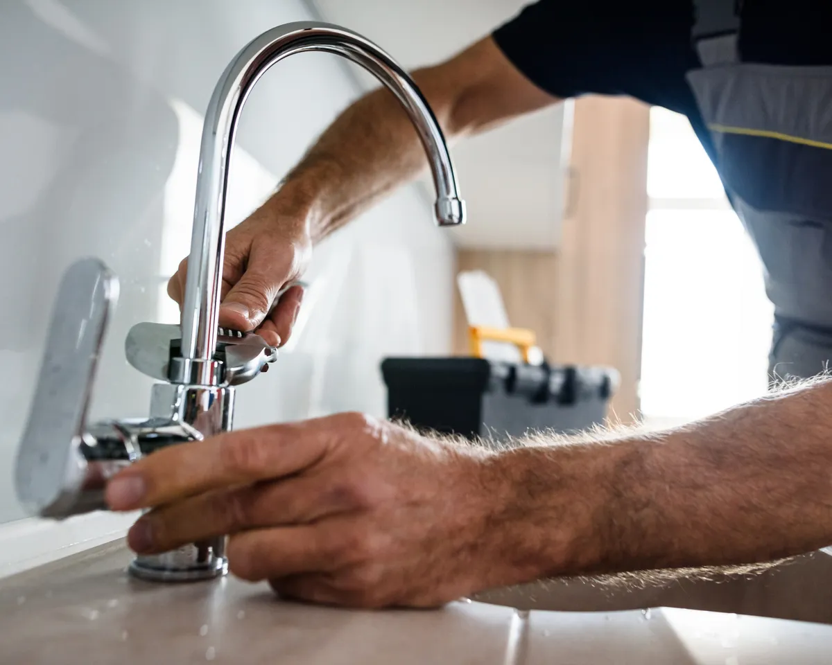 Plumber tightening a kitchen faucet with a wrench at the sink