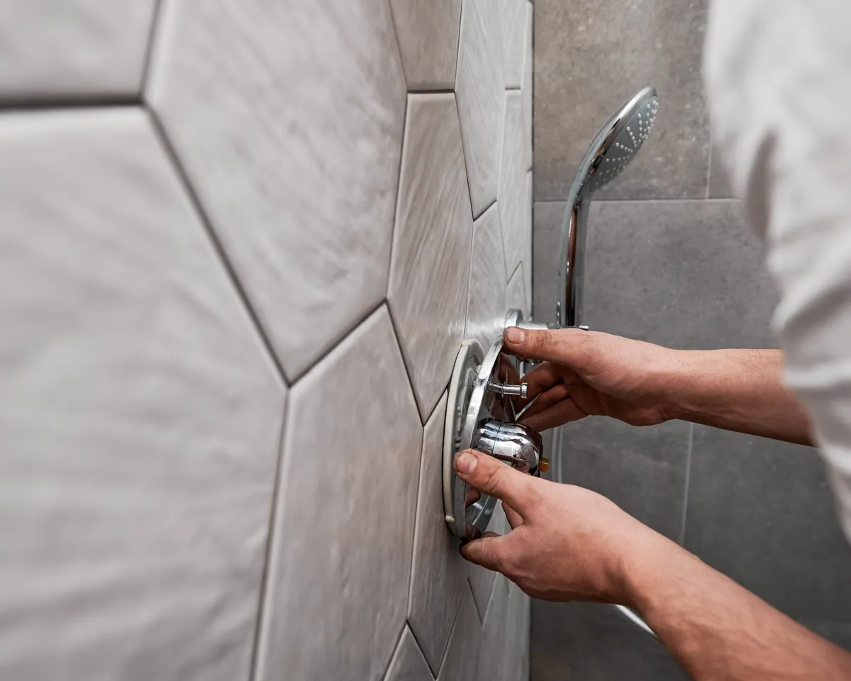 Plumber installing a chrome shower valve and trim on a tiled wall