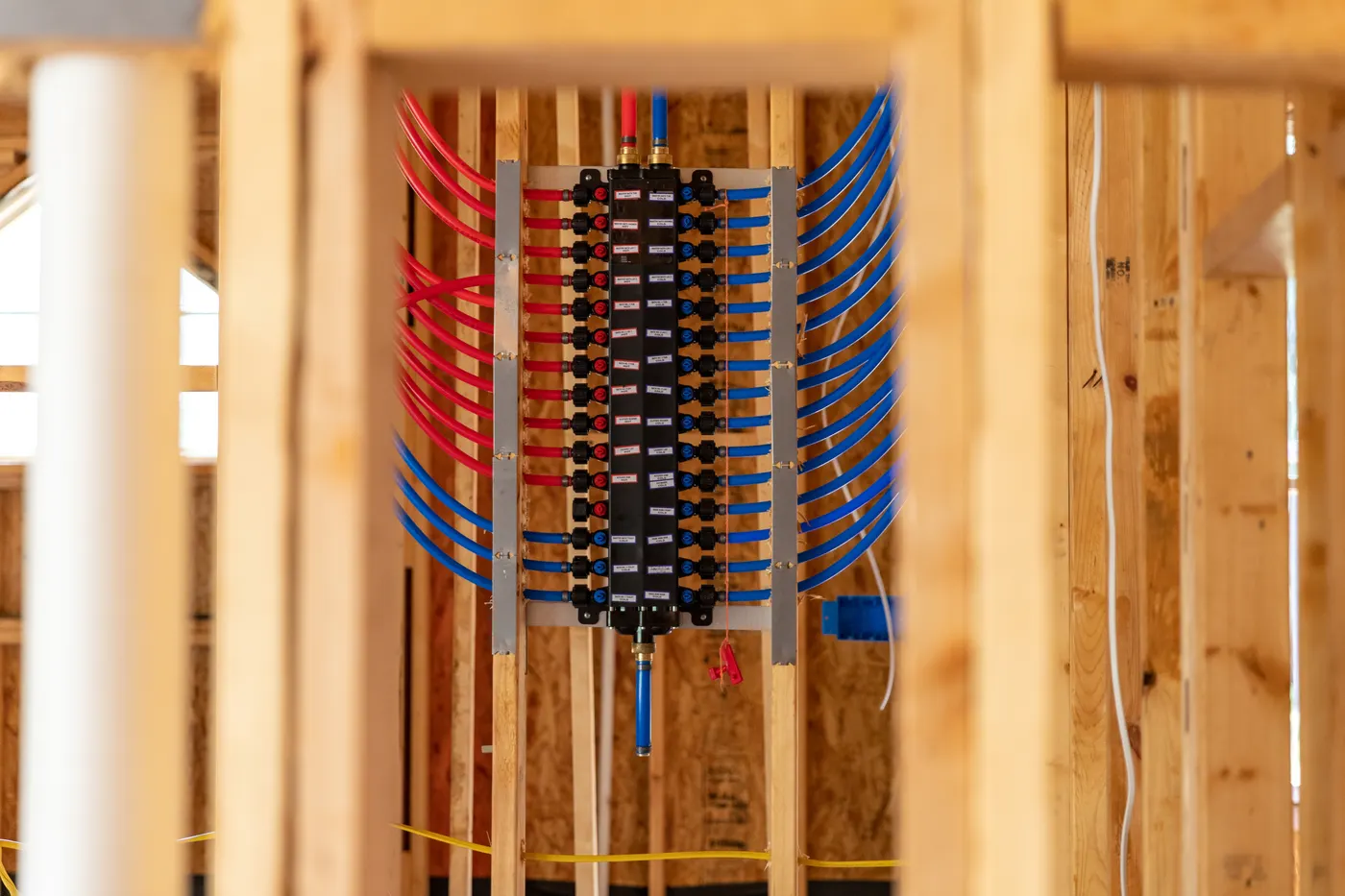 A PEX-A distribution manifold with red hot and blue cold lines fanning out to each fixture