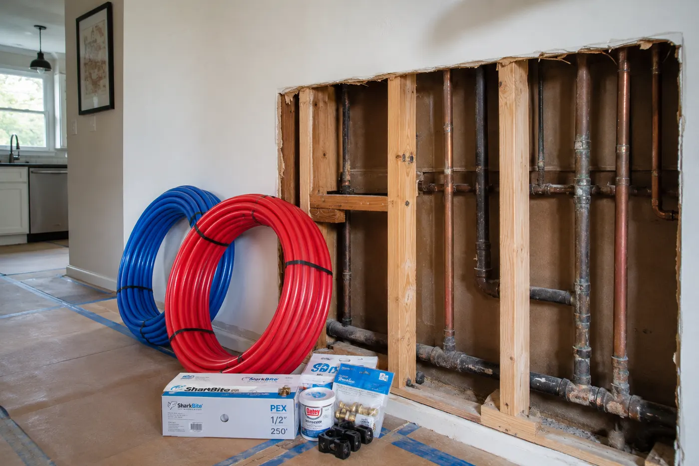 Coils of red and blue PEX pipe and fittings staged by an opened wall of old copper lines