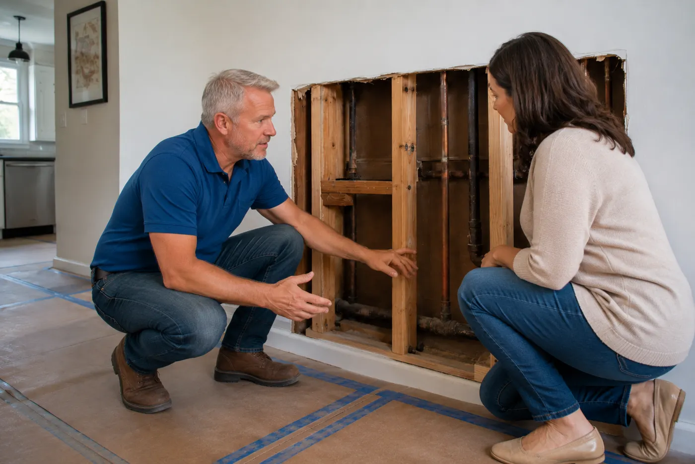 A Repipe & Replumb plumber talking a homeowner through the pipes in an opened wall