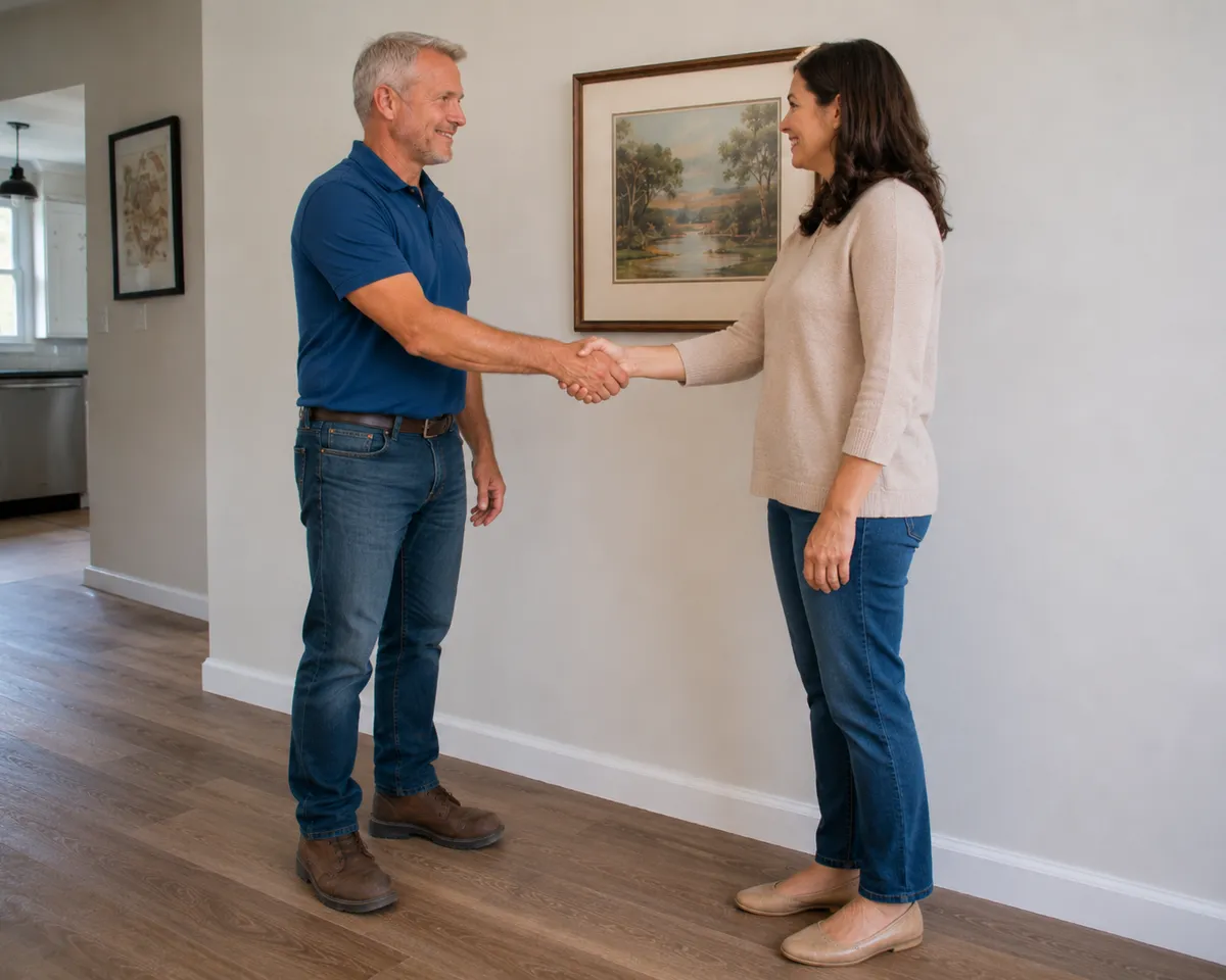 Plumber shaking hands with a homeowner after finishing the work