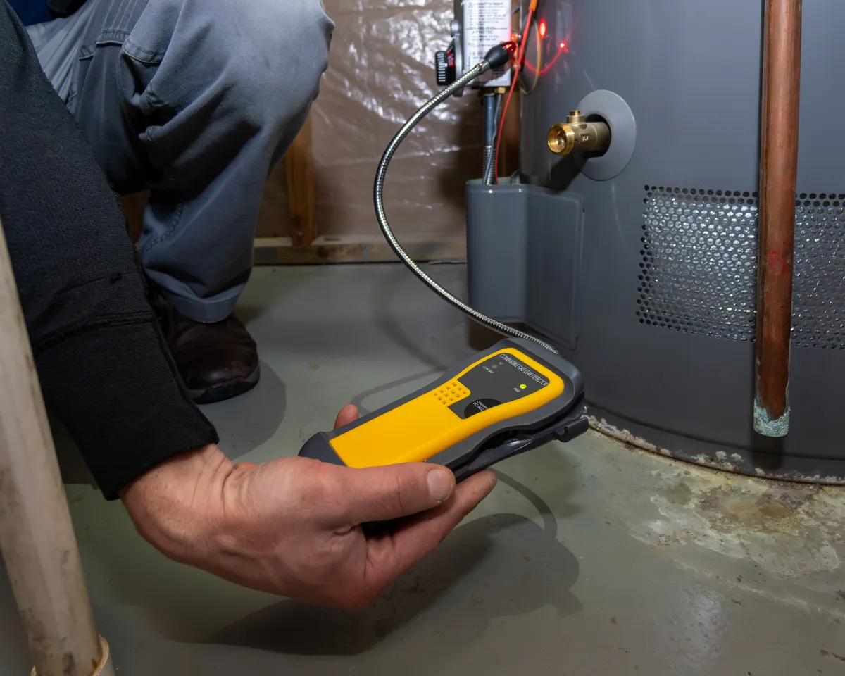 Plumber using a gas leak detector to check a tank water heater